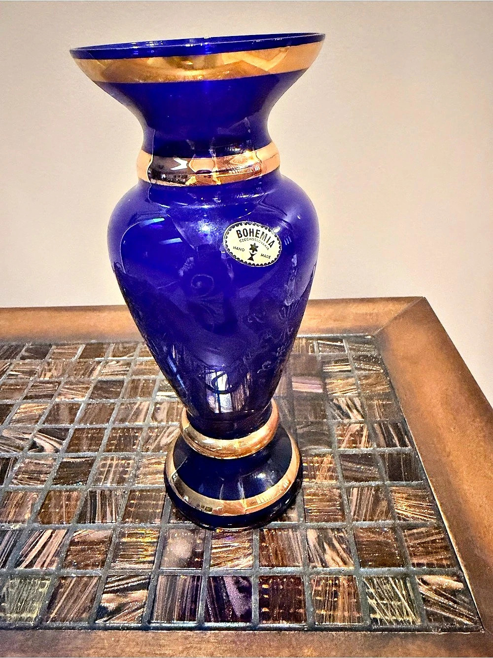 Vintage Mid-Century Bohemia Cobalt Blue & Gold Floral Glass Vase